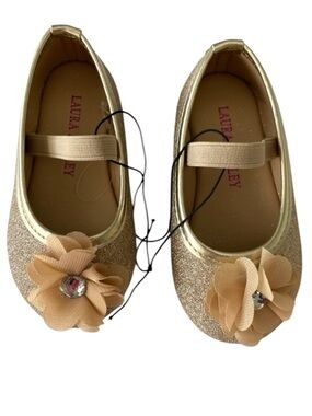 Laura Ashley Flower Dress Shoe Gold Infant 9-12 Months Sparkly Glitter Dressy
